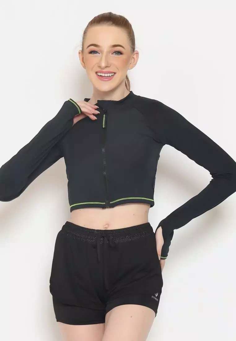 Fitwear - Jaket Crop Zip Front Olahraga Sepeda / Berenang ZENDAYA SLIMFIT LS - NEON