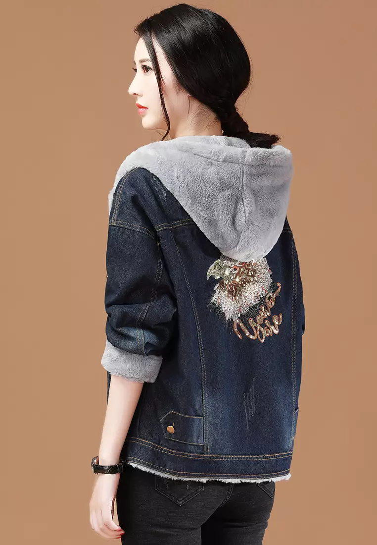 Fur hooded discount denim jacket
