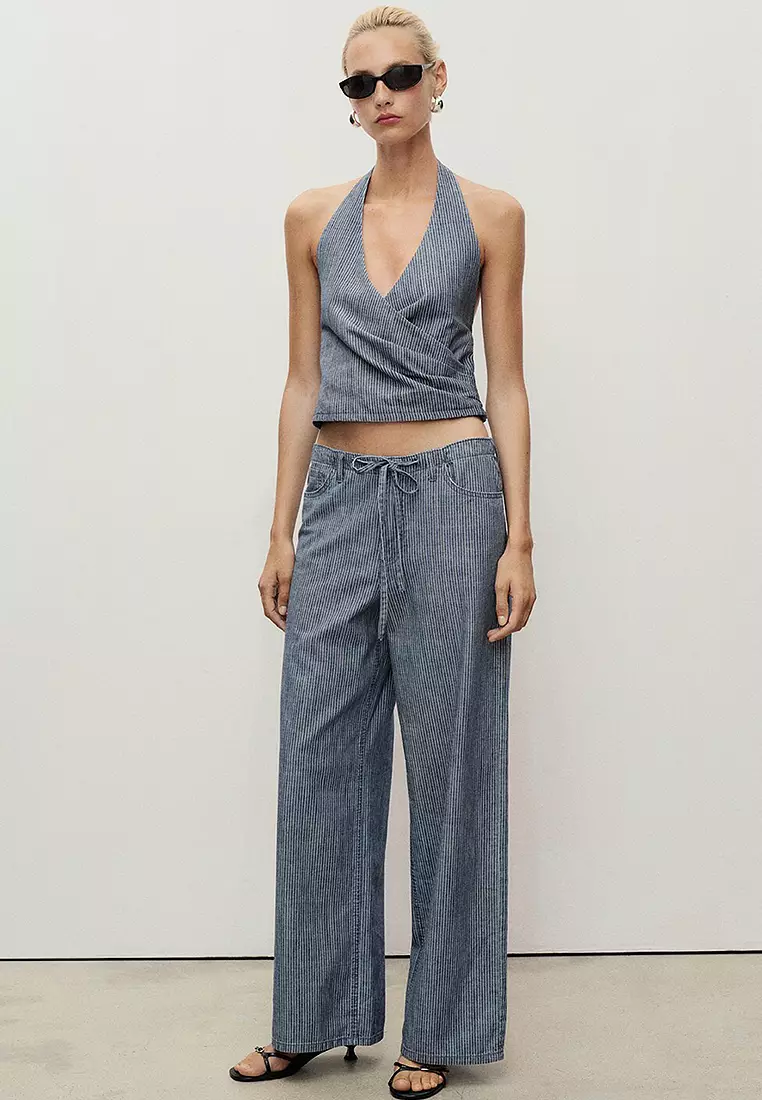 Wide Leg Denim Trousers With Belt
