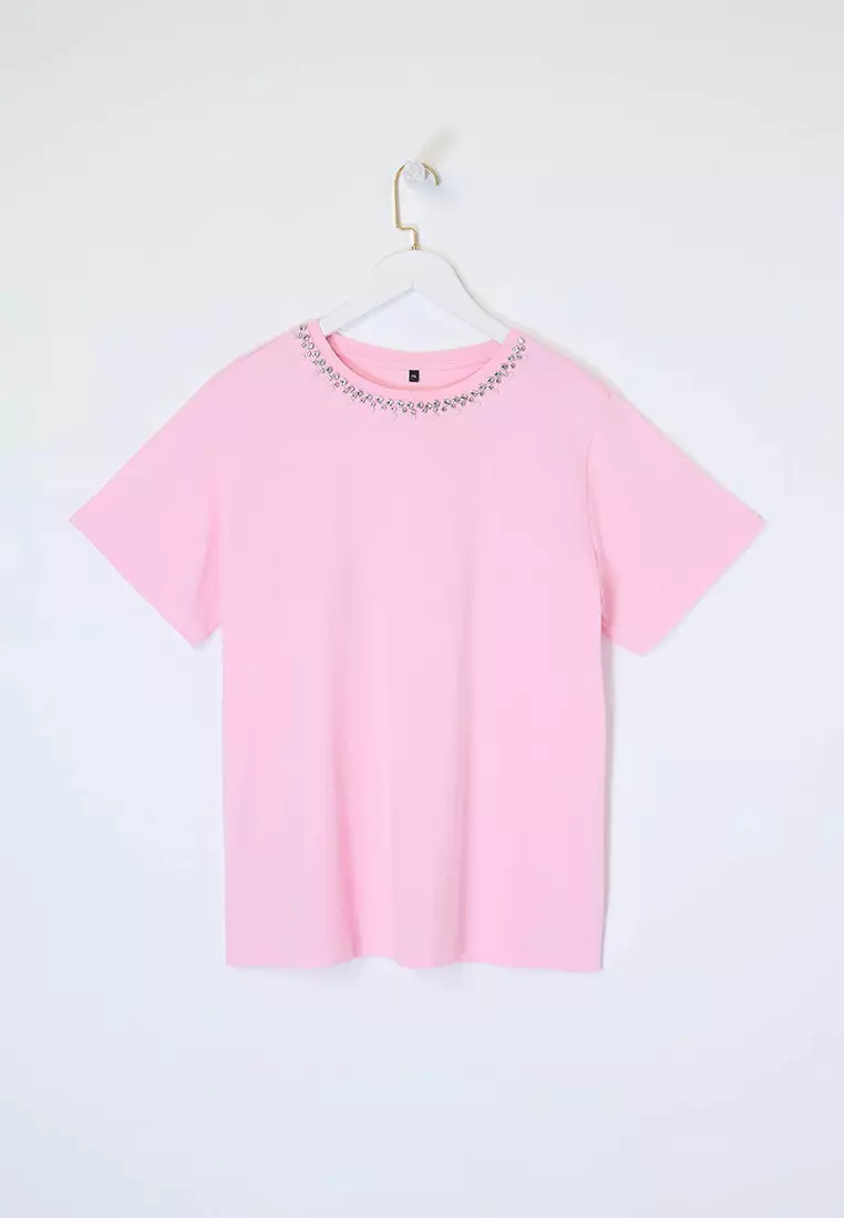 Pink Stone Collar Relaxed Fit 100% Cotton Knitted Plus Size T-Shirt Tbbss25Bf00021