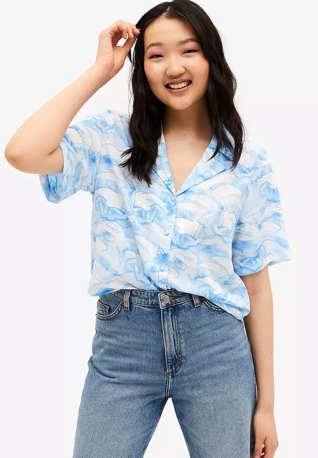 Monki Button-down blouse - blue medium レディース-