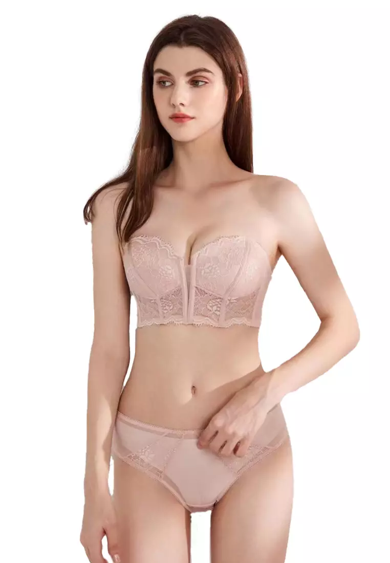 Buy Sunnydaysweety 2023 S/S New European and American sexy ultra-thin lace  underwear fashion letter shoulder straps big chest show small gathered bra  set bra CA23050460BK 2024 Online