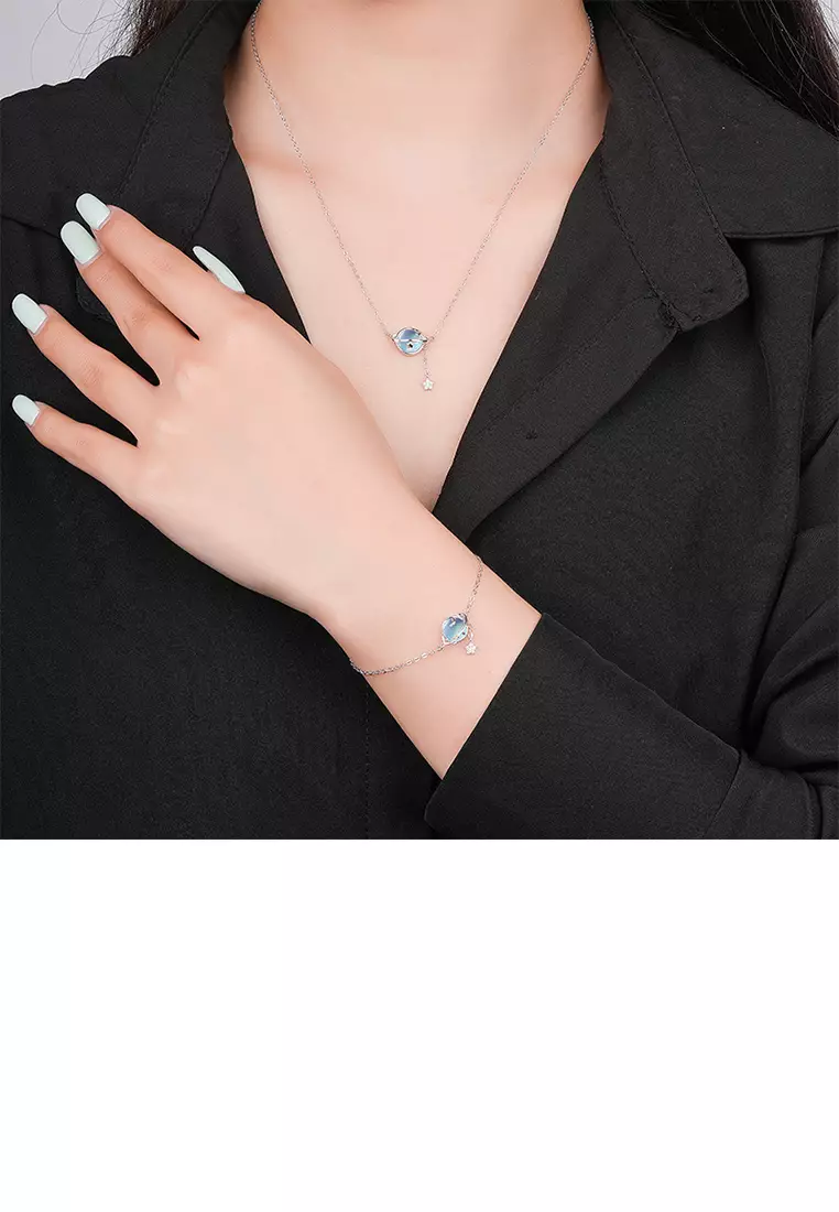 925 Sterling Silver Fashion Temperament Planet Moonstone Tassel Pendant with Cubic Zirconia and Necklace - Luxurious Look