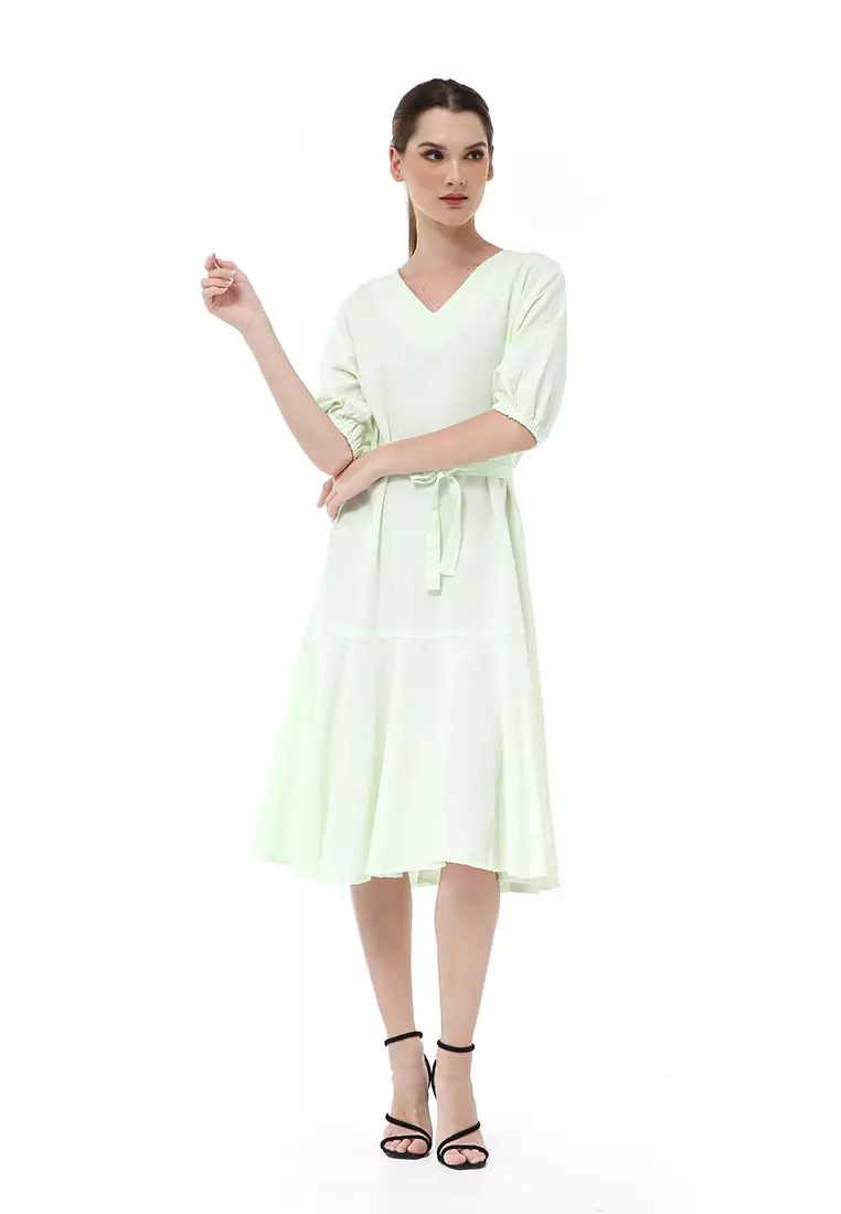 Rachel Midi Dress Ruffle Wanita with Strap Lengan Pendek Material Linen ORIGINAL - Soft Green