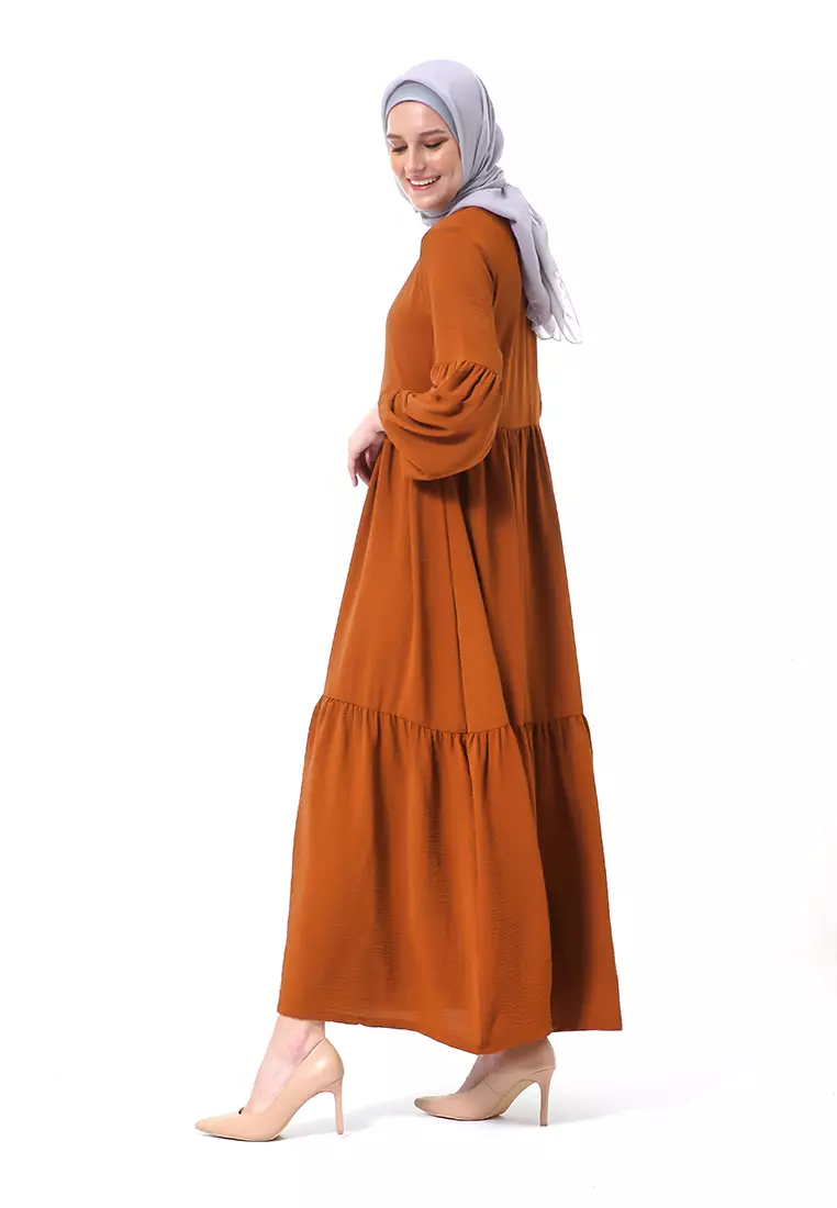 Tika Dress Wanita Gamis Muslimah Rubber Hands High Quality Premium - Cinnamon