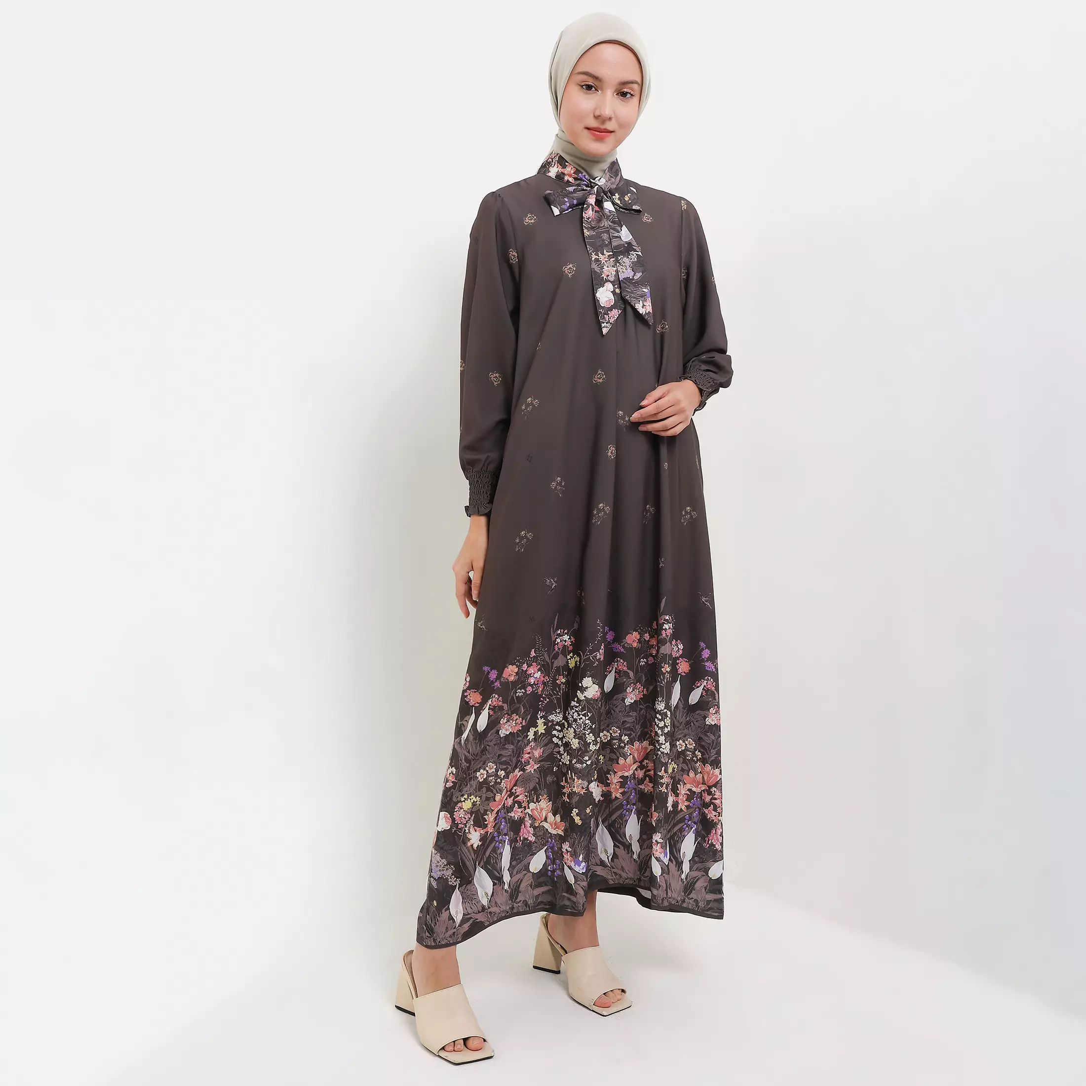 MFMW Alishbah Dress Gamis Dark Olive Satin Motif Bunga
