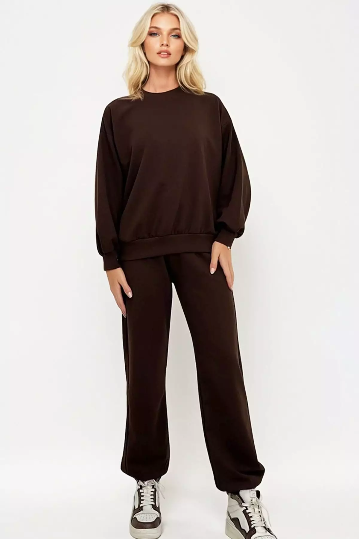 Women's Brown Bike Neck Elastic Waist and Leg Basic Tracksuit