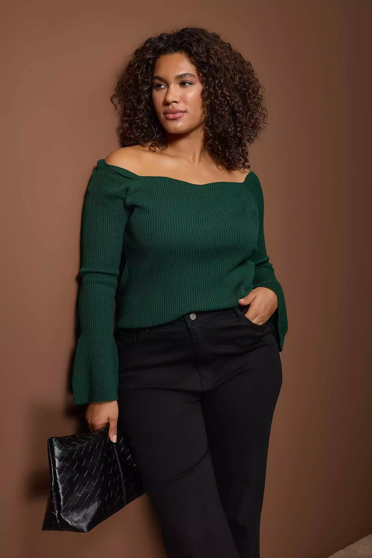 Emerald Green Ribbed Carmen Collar Knitwear Sweater Tbbaw26An00031