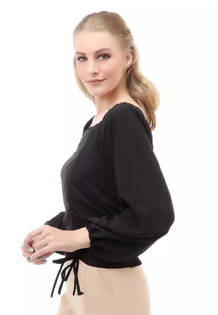 Cheva Blouse Atasan Wanita Sabrina Tali Lengan Panjang Casual Top Long Sleeve Comfortable Material Wolfis ORIGINAL - Black