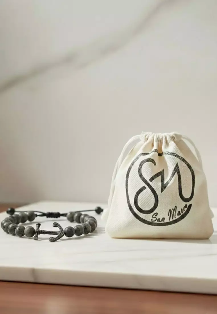Aksesoris Gelang Pria Anchor Matte Labradorite Beads  Bracelet Black & Silver