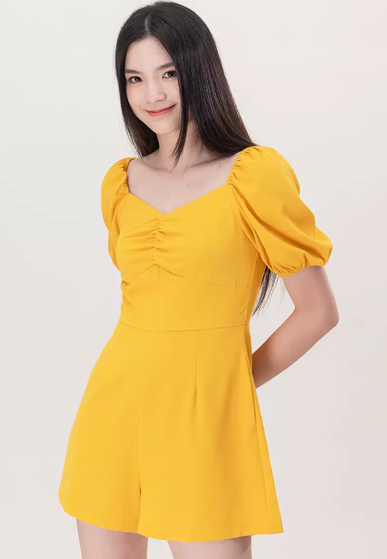 Plain B. Plain B. Puff Sleeve V-Neckline Slim Fit Playsuit Yellow 2024 ...