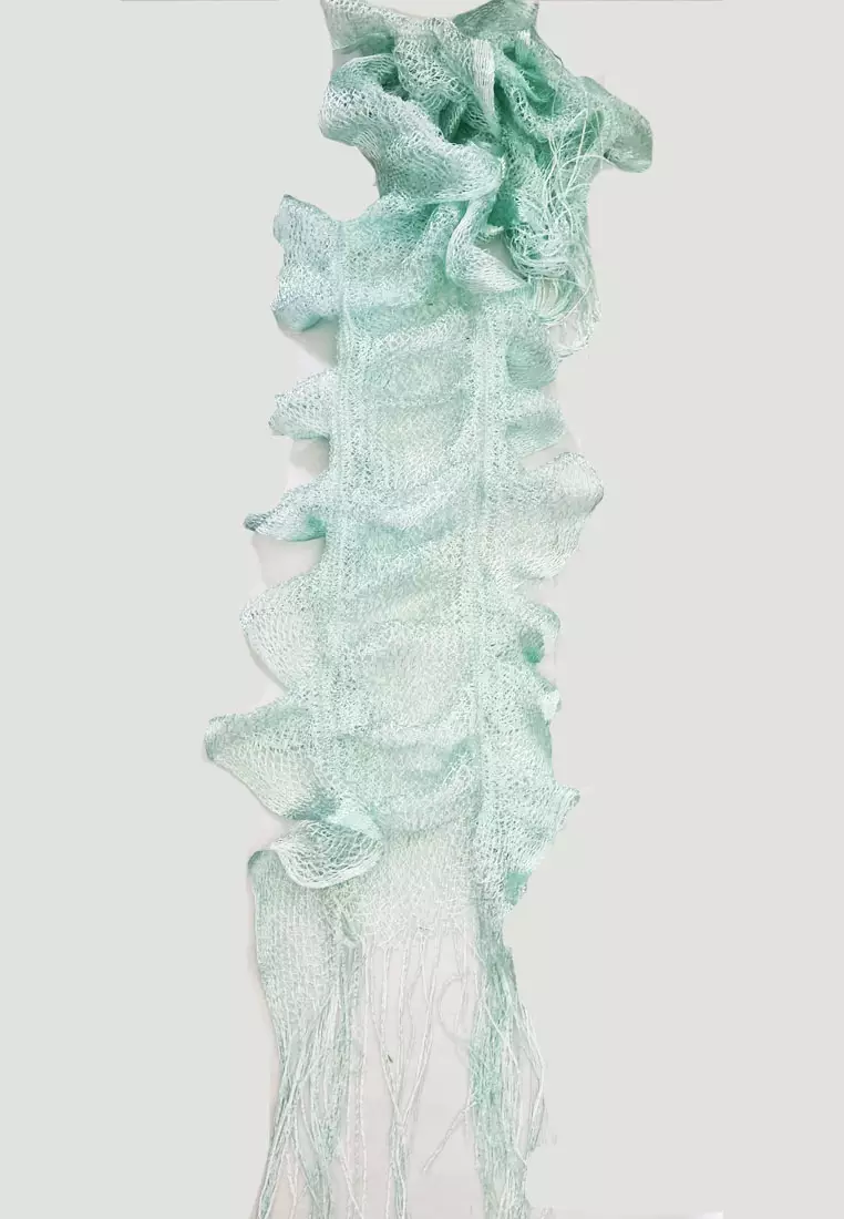 Crochet Frilled Scarf Metallic Light Green