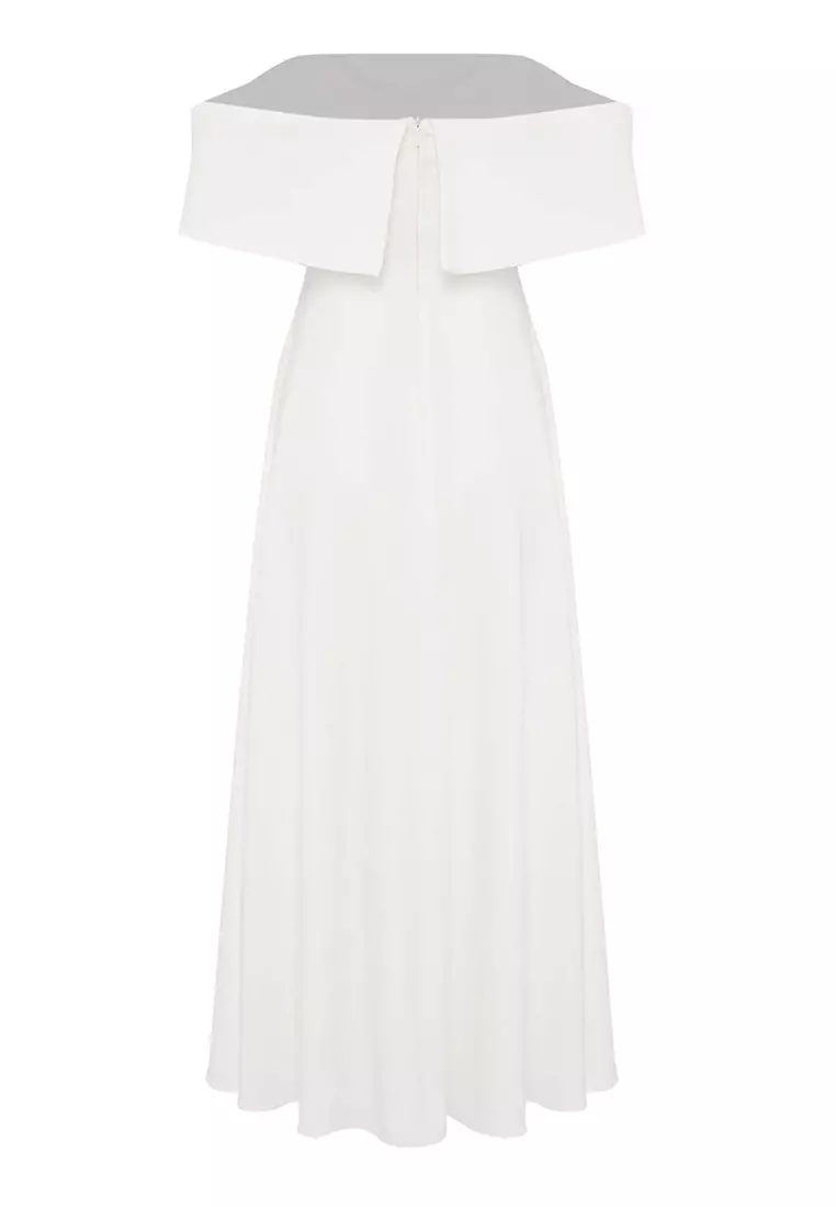 White Neckline Detail A Line Stylish Evening Dress