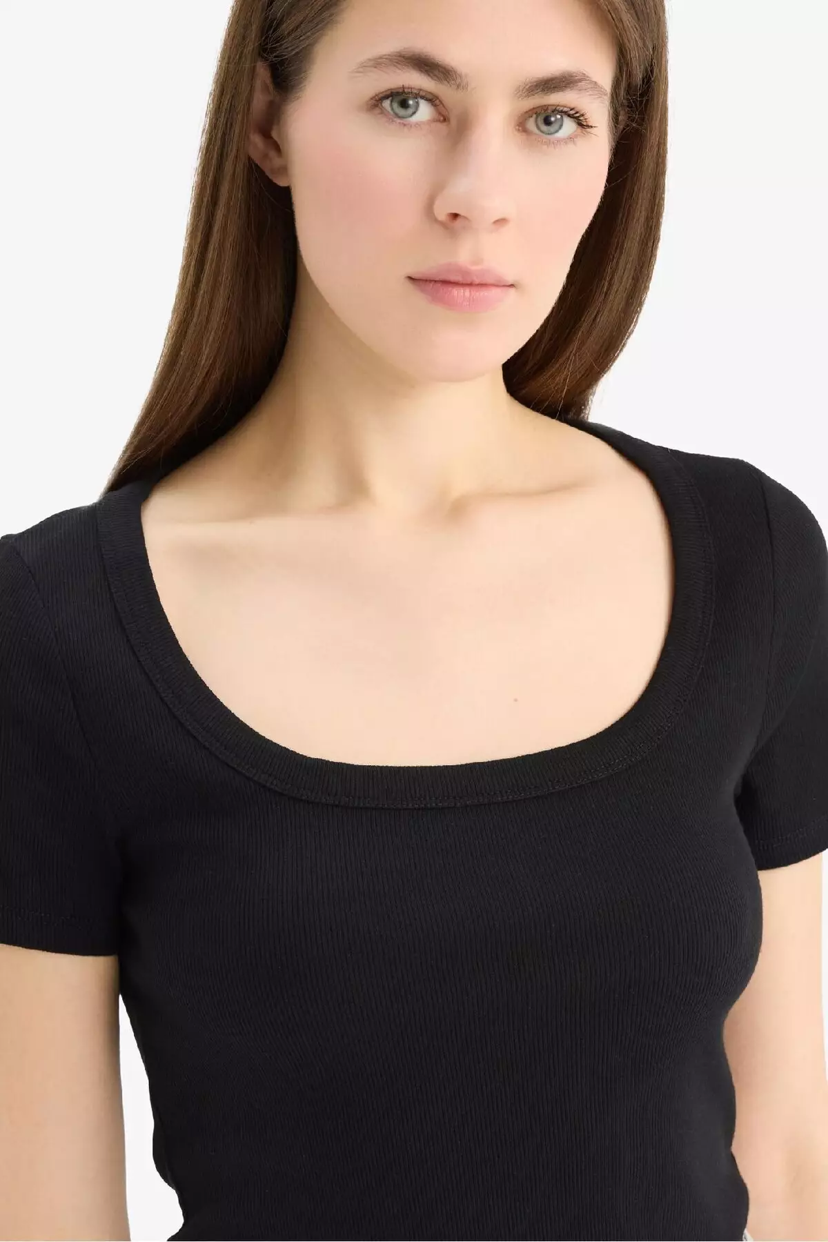 Slim Fit Tight Fit Crew Neck Basic Plain Ribbed Camisole Short Sleeve Black T-Shirt F0684Ax25Sp