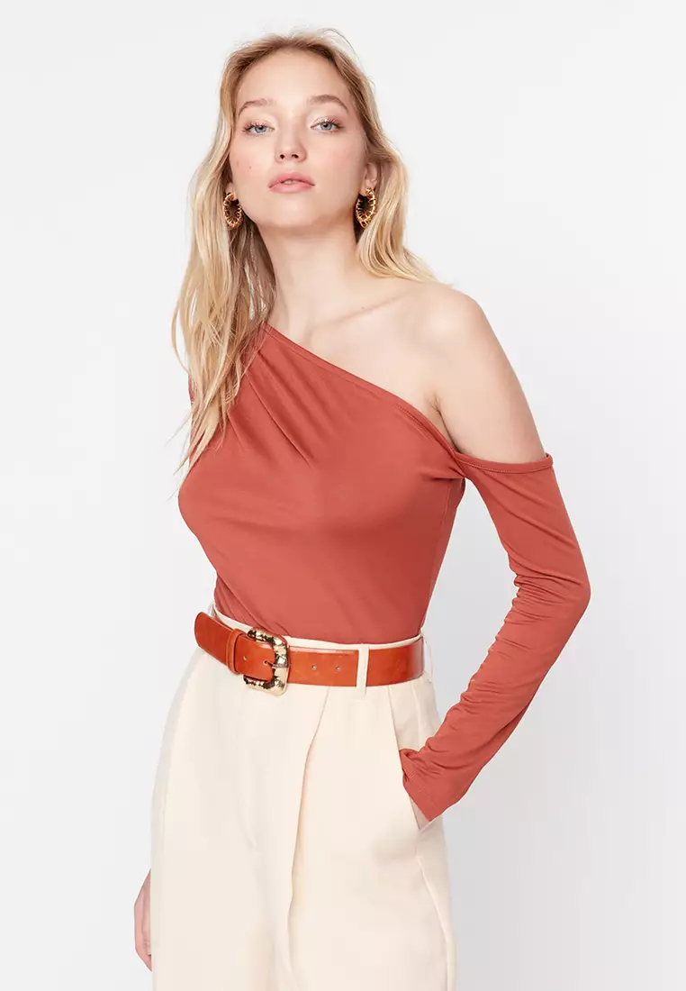 Asymmetrical Collar Knitted Bodysuit