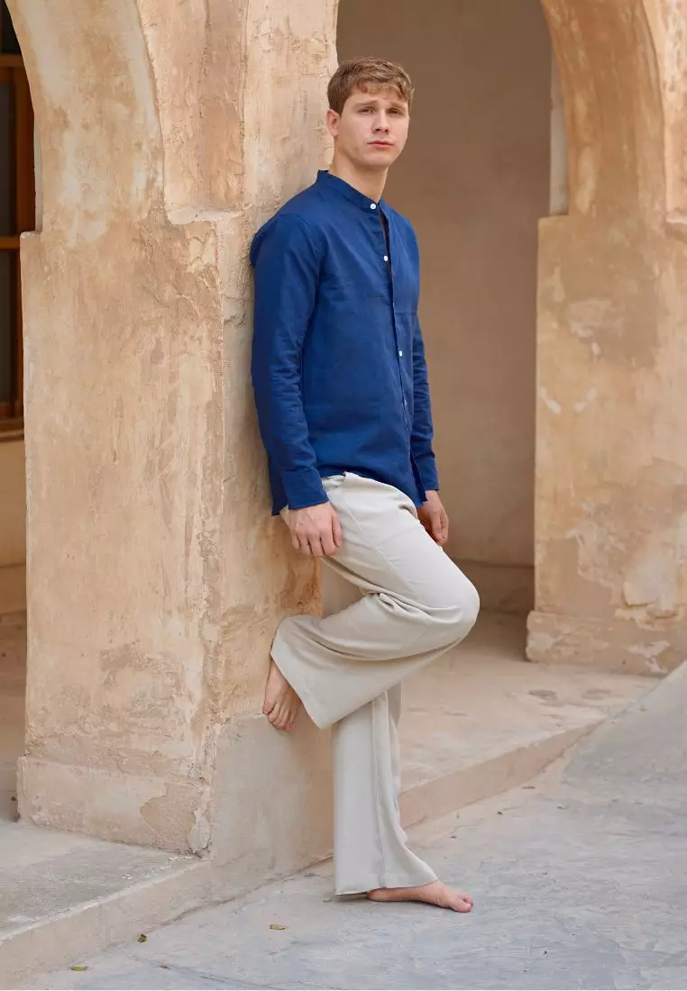 Calo Kemeja Linen Lengan Panjang Pria Biru Navy | Linen Long Sleeve Shirt Men Navy Blue