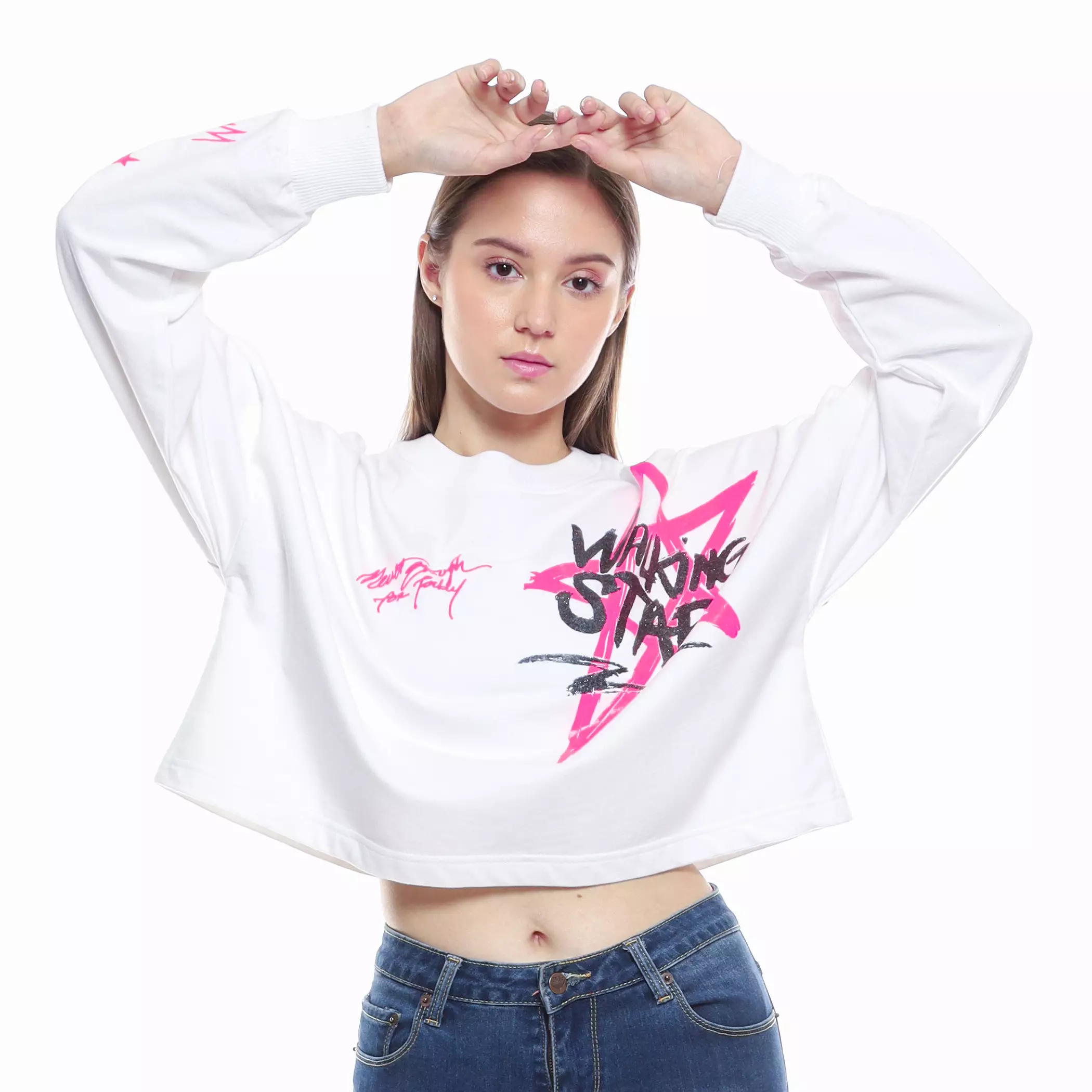 Enough For Today - Sweater Crewneck Crop Oversize Wanita Putih WalkingStar