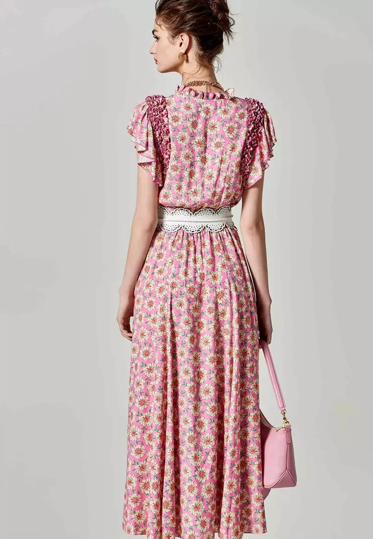 Floral Print With Flutter Sleeve Maxi Dress
