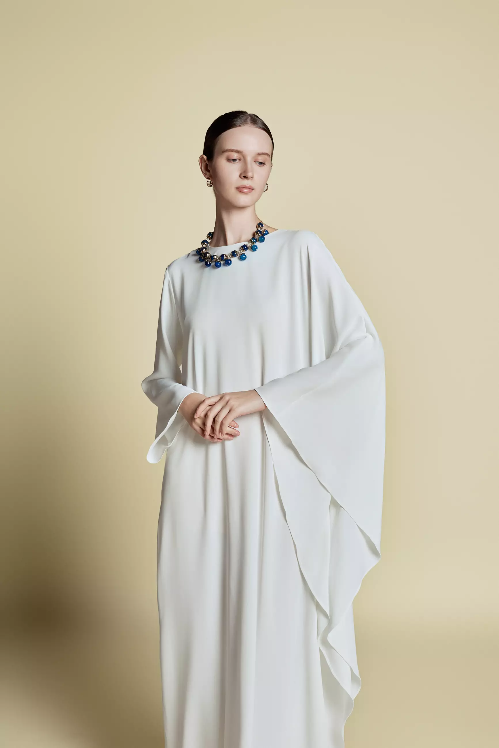 DEMURE&CO - Asymmetrical Kaftan in  Crepe de Chine Royal White - Dress