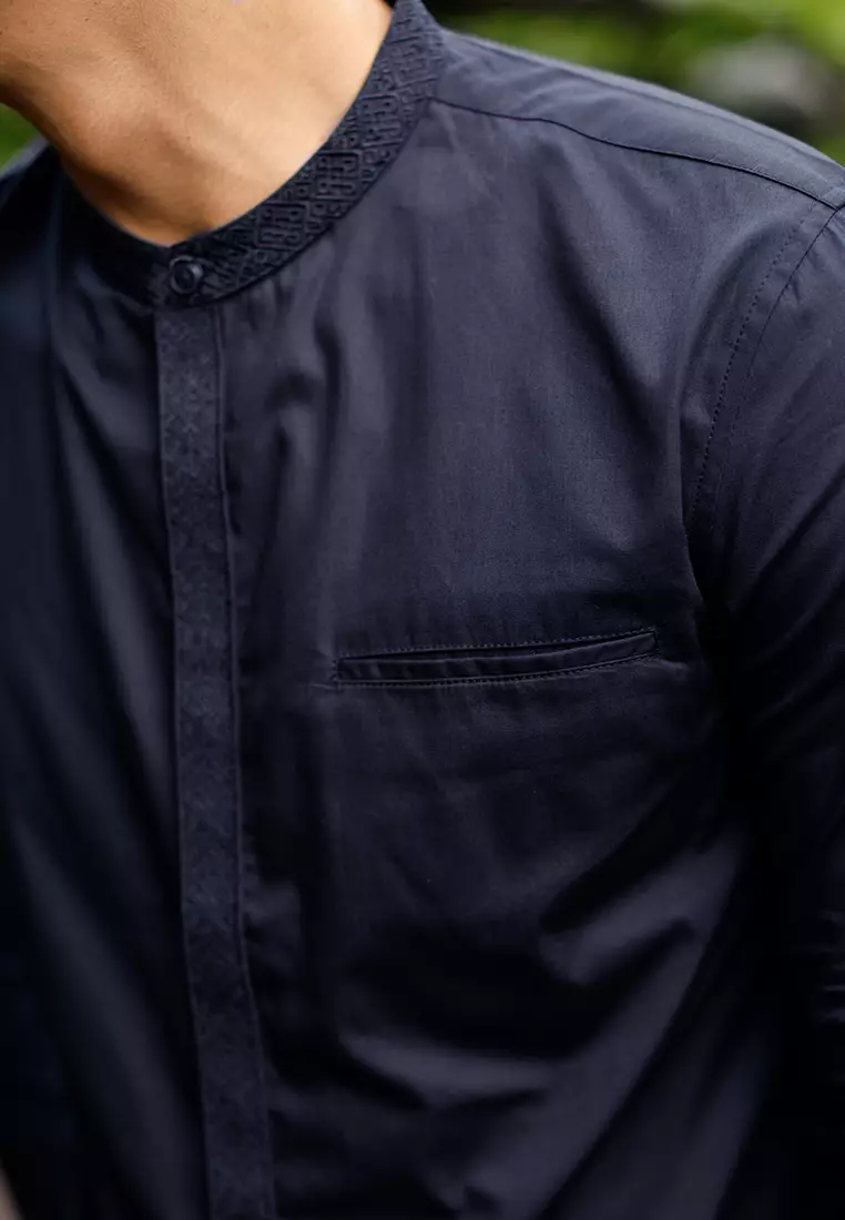 OXCON Kemeja Tangan Panjang koko bordir embrodiery collarless shirt Navy