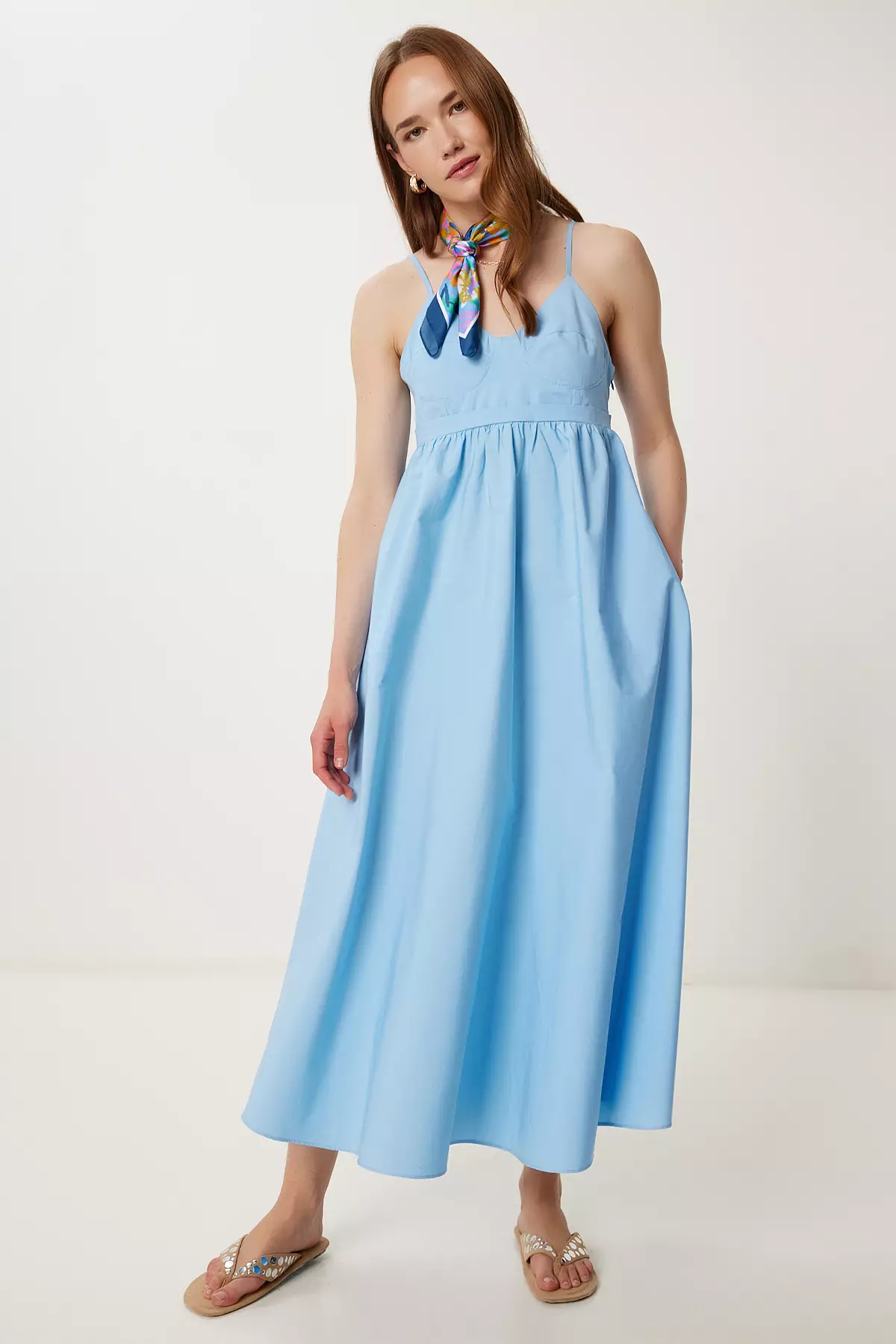 Women's Sky Blue Strap Summer Midi Poplin Dress Fk00037