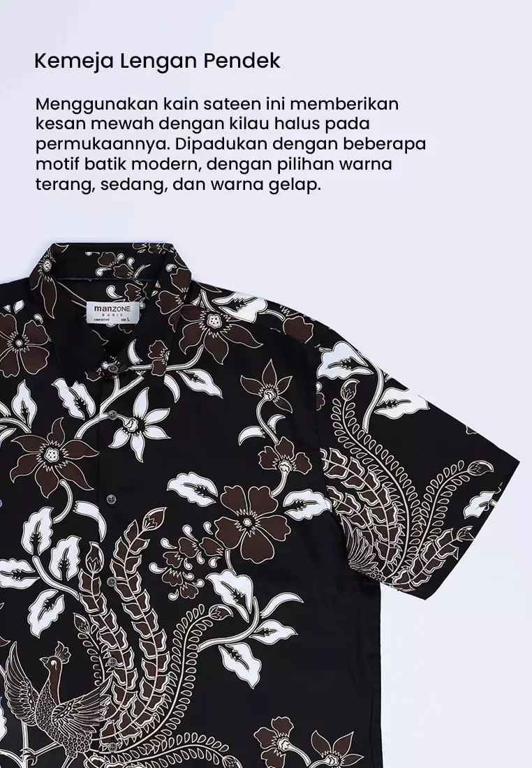 MANZONE - Kemeja Batik Lengan Pendek Pria Cakrayudha 04 Comfort Fit - Black Warna Black
