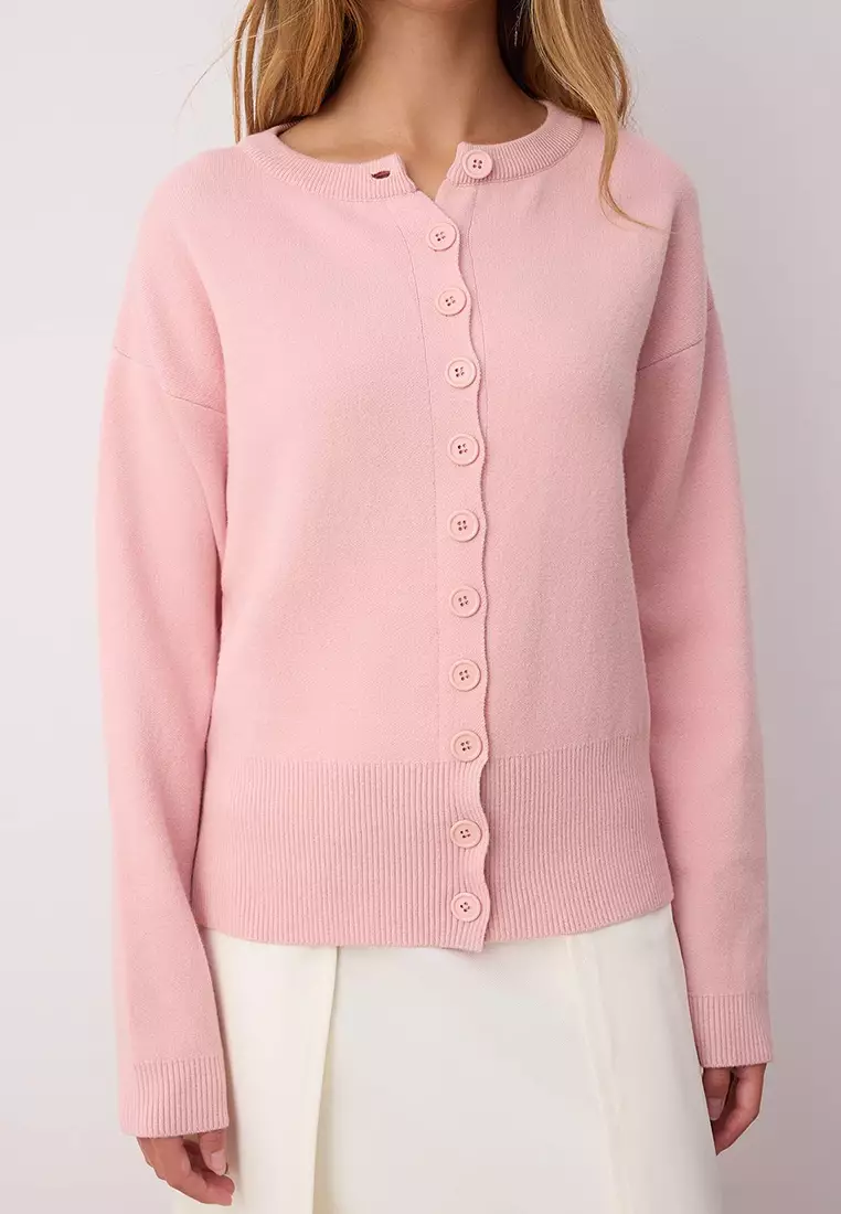 Pink 2 Piece Premium Yarn/Special Yarn Crew Neck Basic Knitwear Cardigan Blouse Set