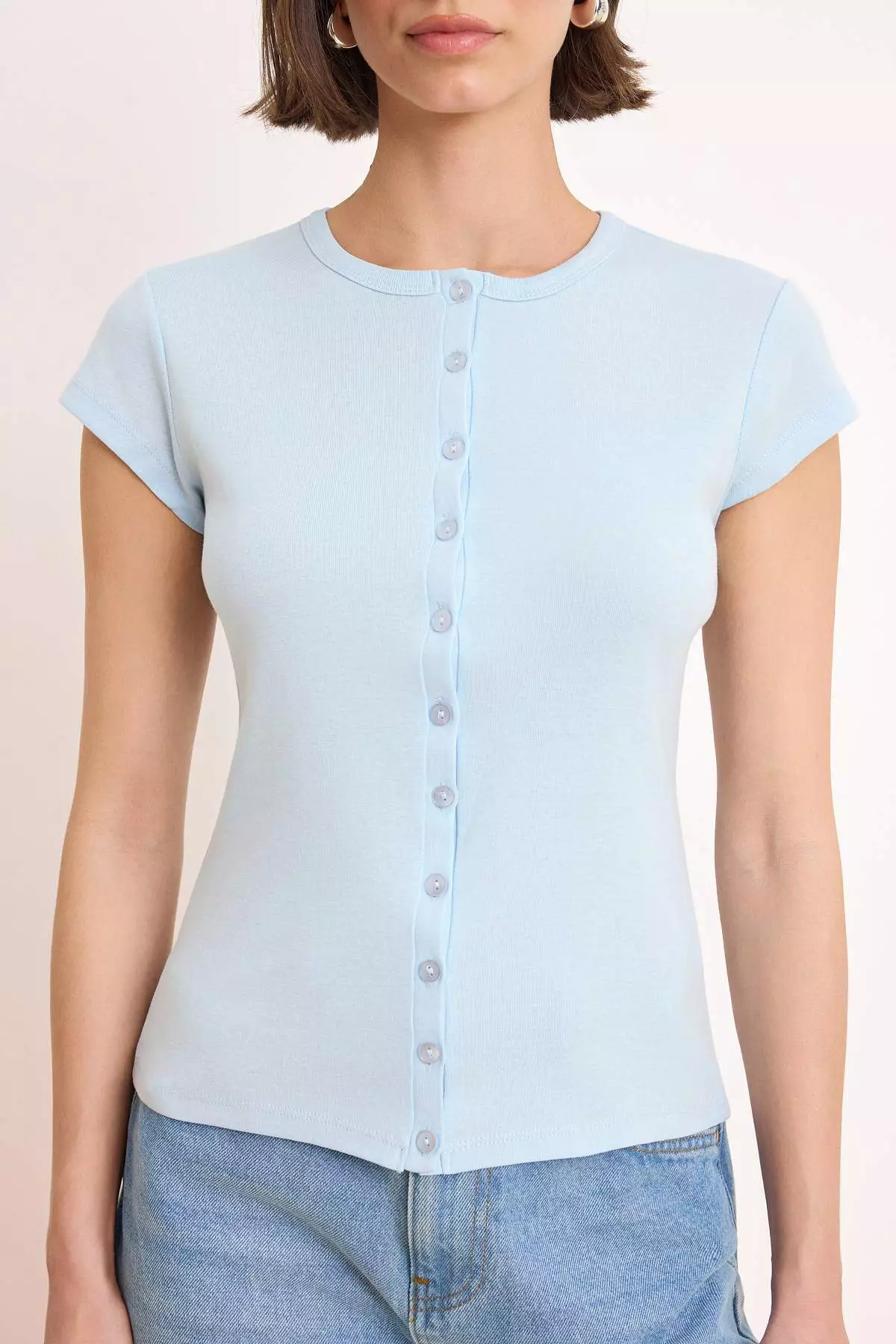 Light/Baby Blue Buttoned Fitted/Bodycon Knitted Blouse Twoss25Bz281