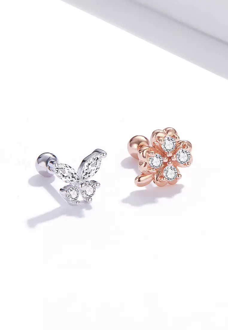 Solid 925 Sterling Silver Mismatch Butterfly Clover Zirconias Cartilage Earrings