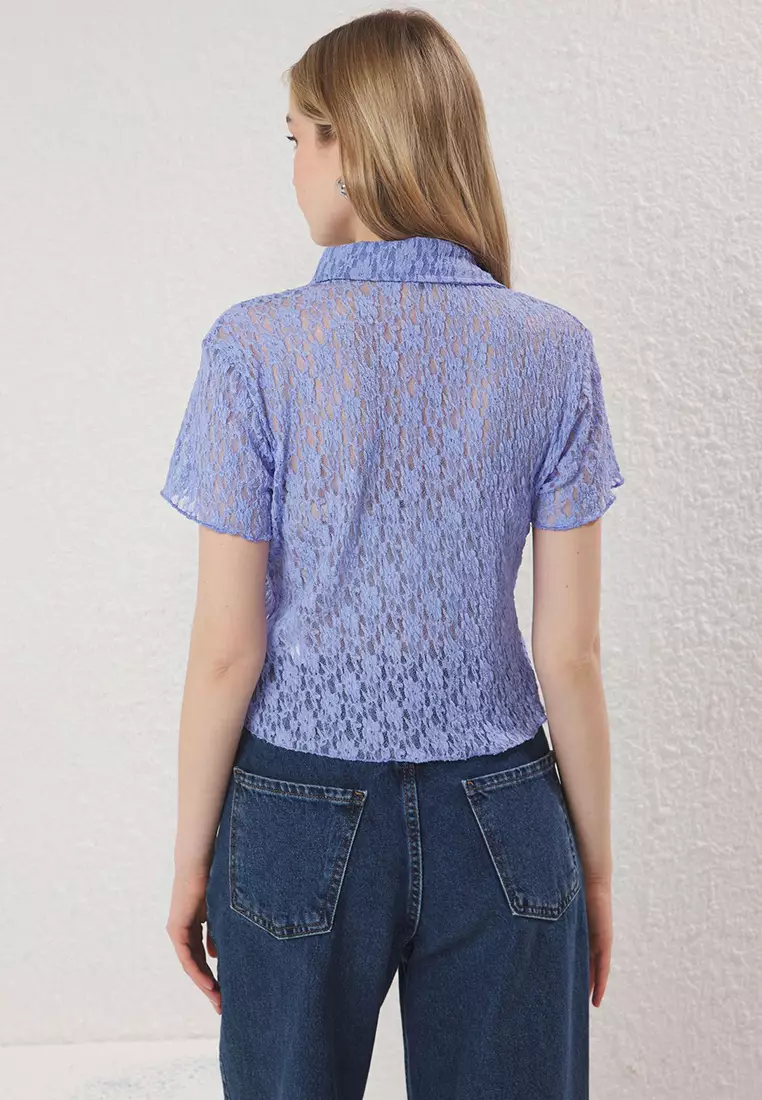 Light Blue Polo Neck Lace Fitted/Fits Body Flexible Knitted Blouse Twoss25Bz00407