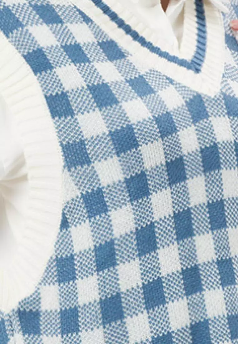 Big Checker Knit Vest in Blue