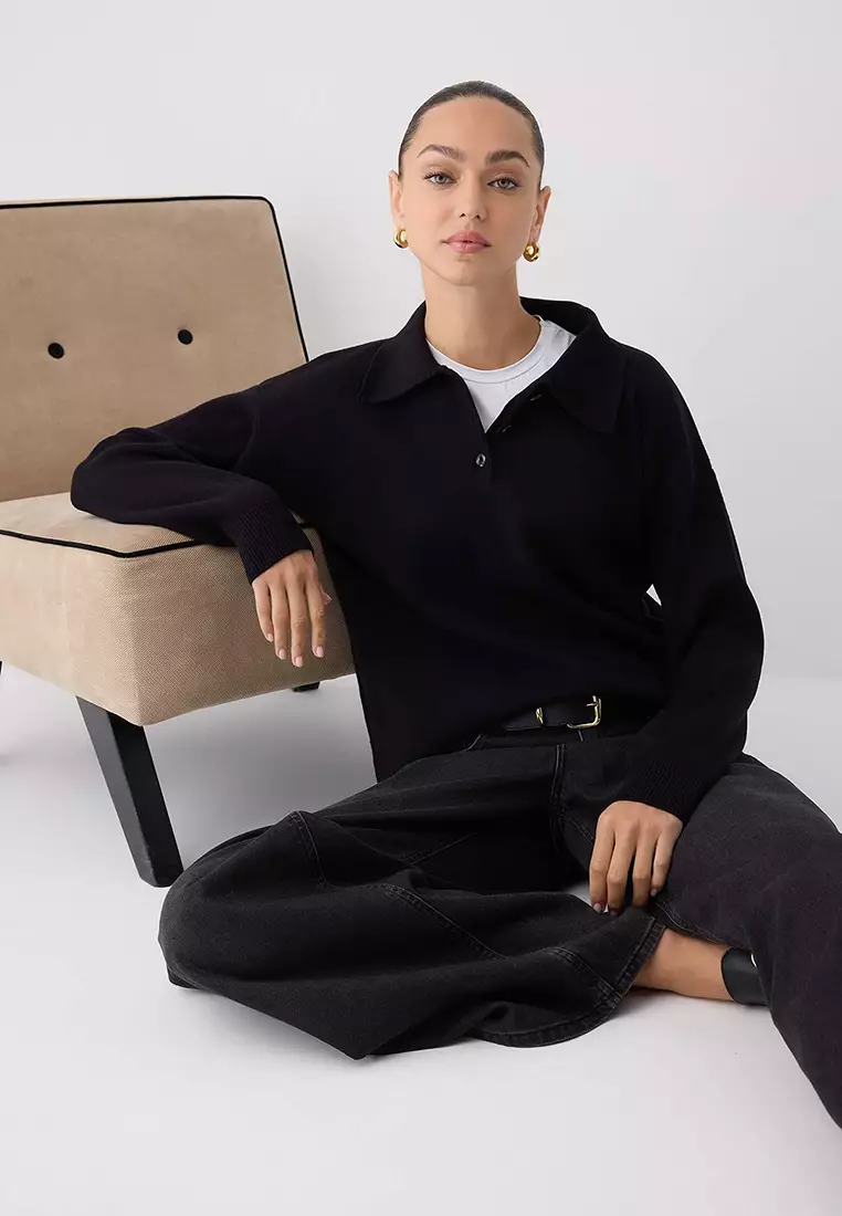 Black*001 Premium/Special Yarn Polo Collar Plain Knitwear Sweater