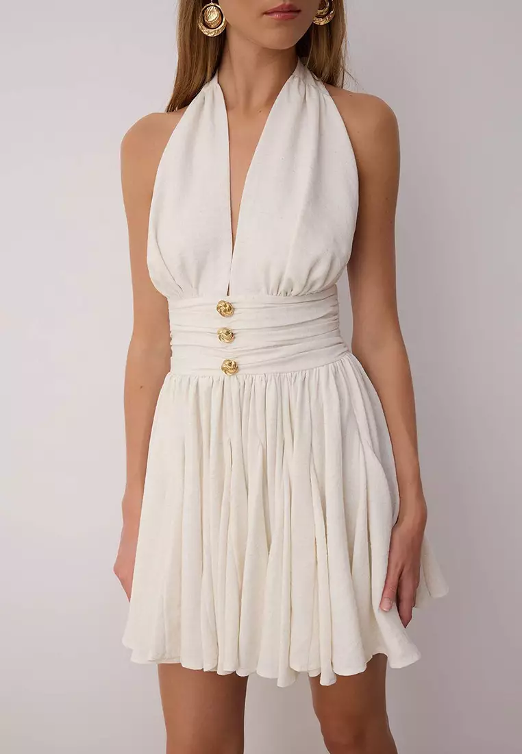 Ecru Chiffon Short/Mini Dress With Skater Drop Detail Tprss25El00319