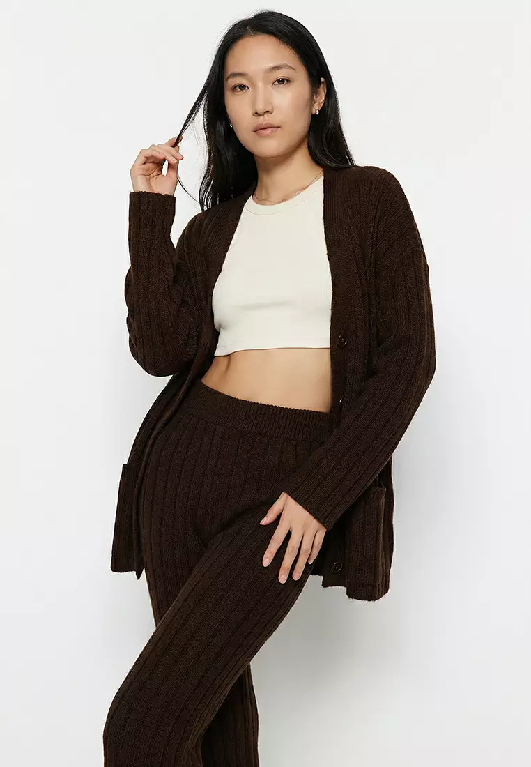 Brown Wide fit Soft Textured Knitwear Top-Top Set TWOAW22AU0128