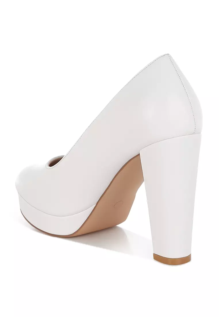 Faux Leather Block Heel Pumps In White