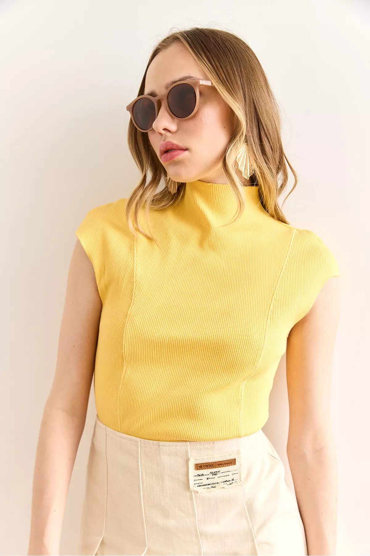 Women's Yellow Stand Collar Stitching Detailed Crop Blouse Blz-19003005