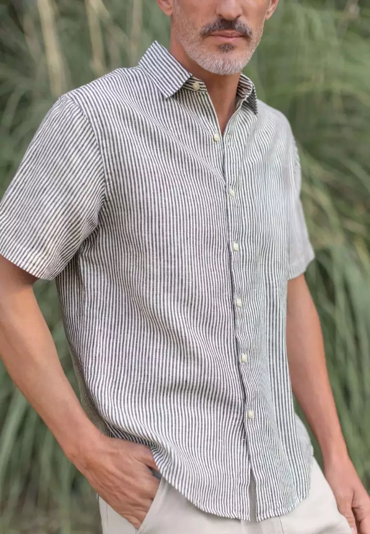 Cobalt Kemeja Linen Lengan Pendek Pria Abu Garis | Linen Short Sleeve Shirt Men Striped Grey