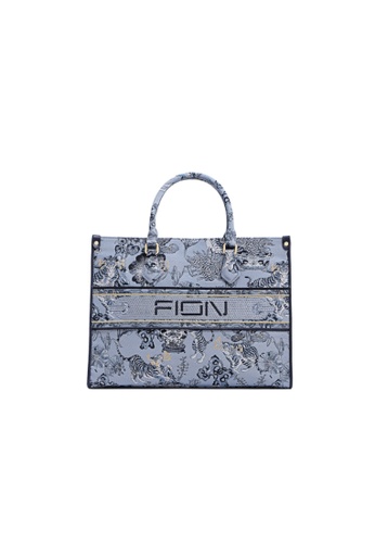 FION blue Zishi Tiger Jacquard with Leather Tote Bag 095F6AC40CABAEGS_1