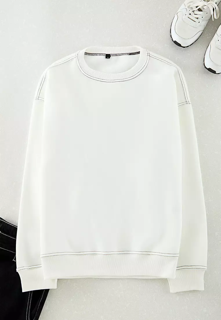 Ecru Fleece Oversize Sweatshirt - Crew Neck, Stitching Detail Tmnaw24Sw00011