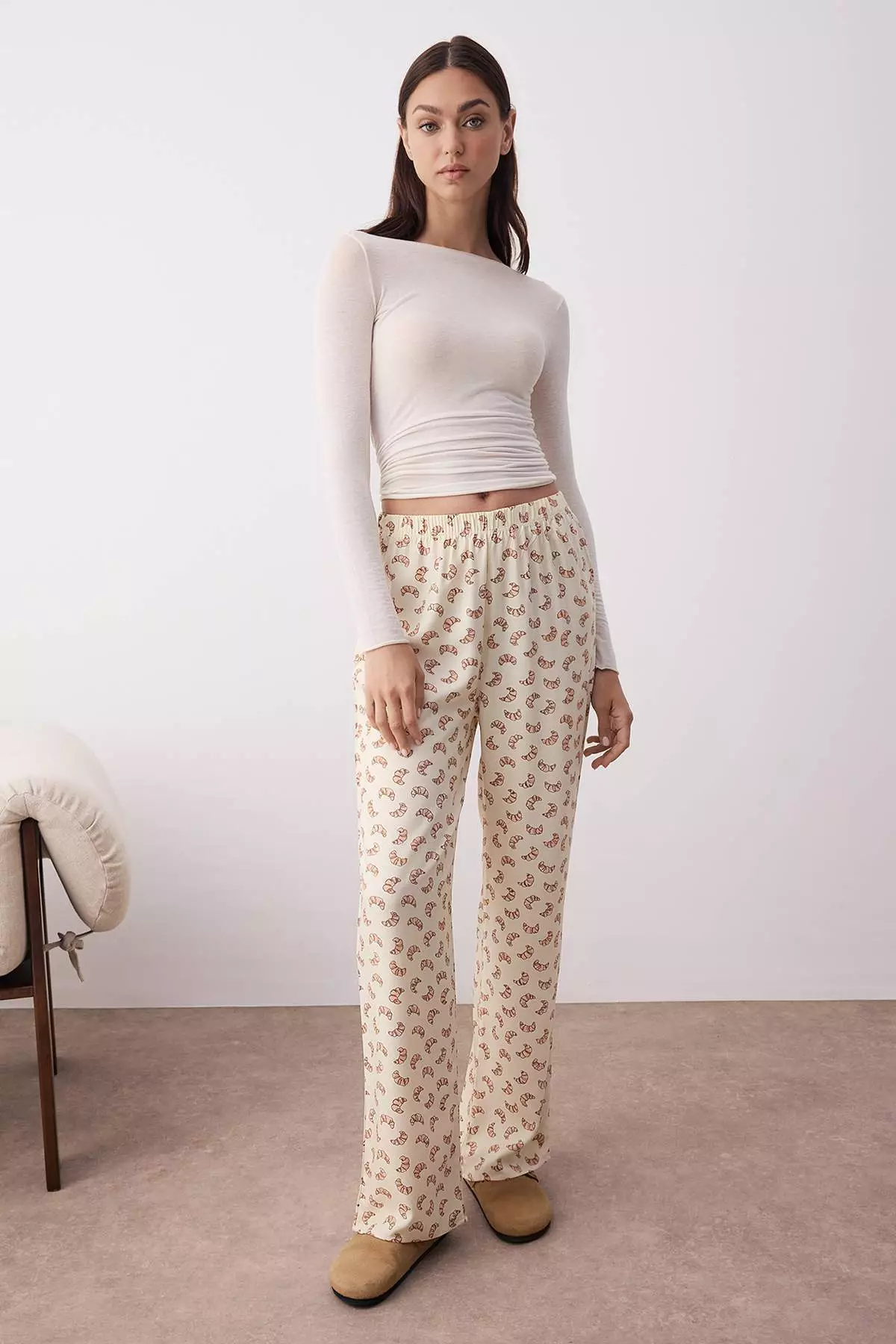 Beige-Multicolored 2-Pack Croissant Patterned Viscose Woven Pajama Bottoms