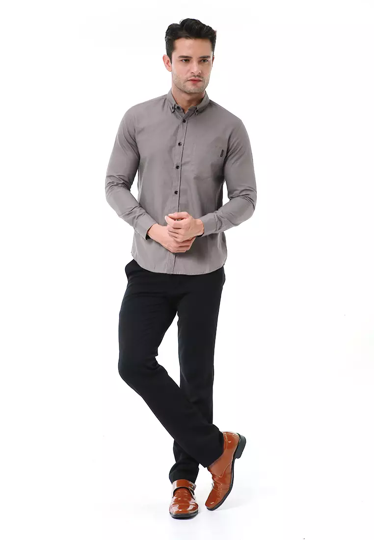 Leopold Kemeja Basic Pria Motif Polos Long Sleeve Material Cotton ORIGINAL - Dark Gray