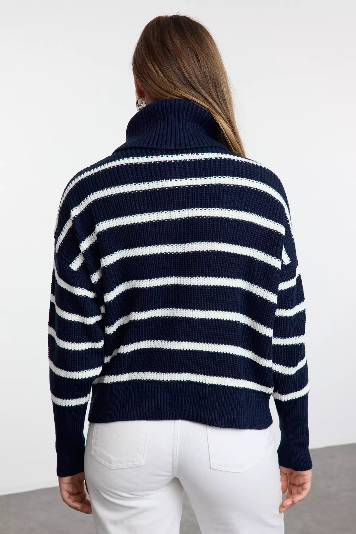 Navy Blue*001 Striped Wide Pattern Turn-Down Collar Zippered Knitwear Cardigan