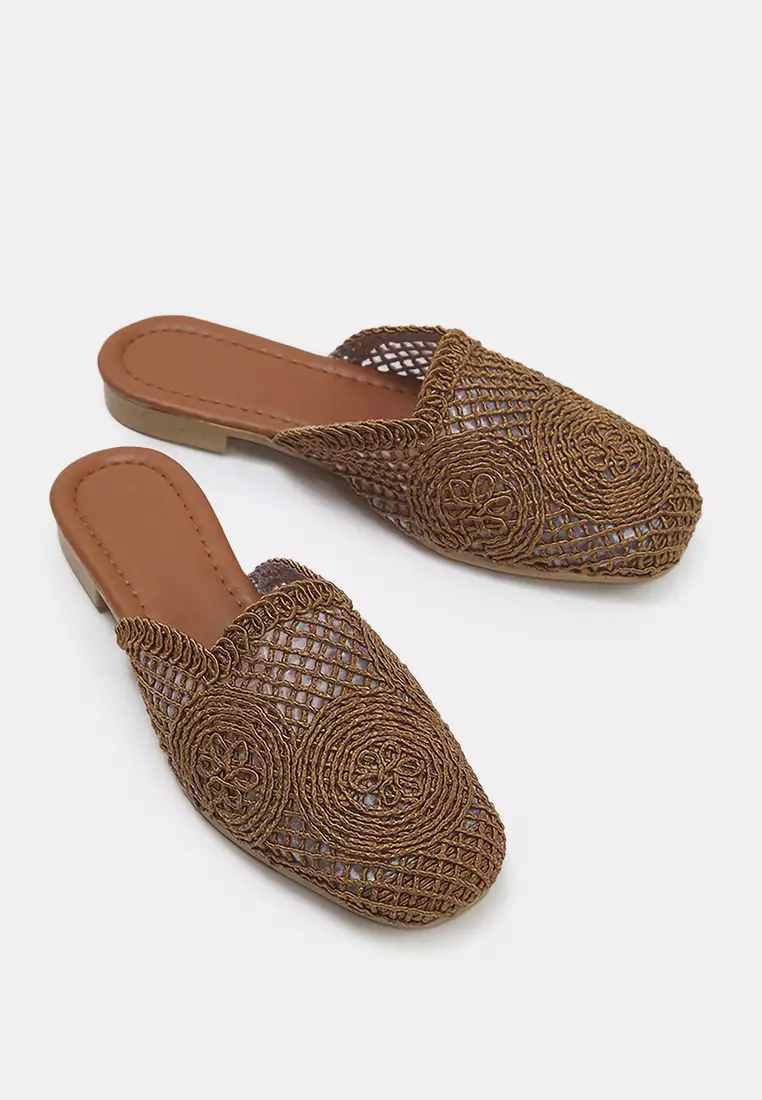 Brown Closed Front Knitted Detailed Women's Mule Slippers Takss24Te00000
