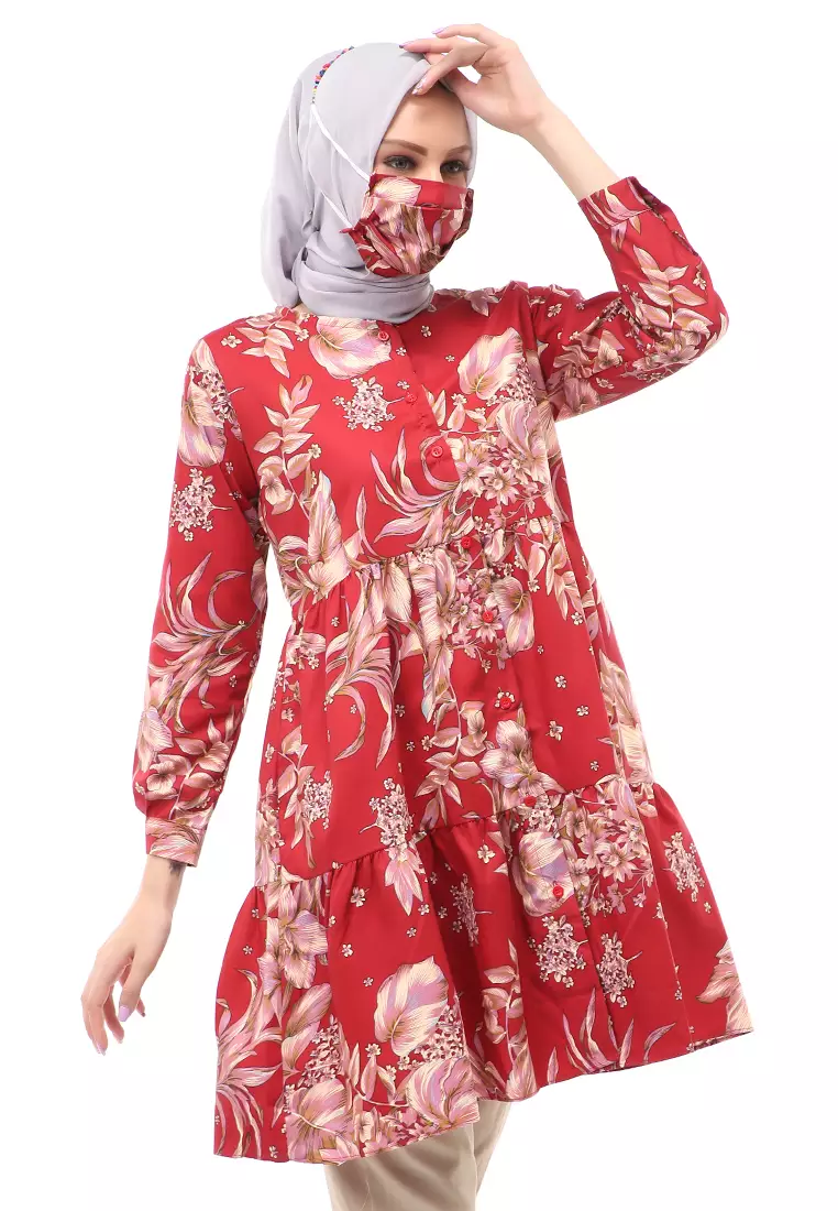 Sania Tunik Muslimah Atasan Wanita Long Sleeve Free Face Mask Premium Quality - 6 Maroon