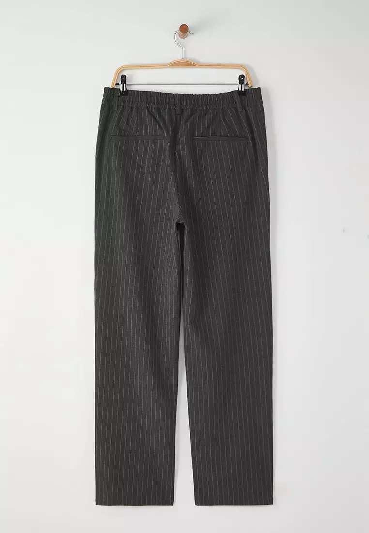 Anthracite Striped Pleated Classic Baggy Fit Fabric Trousers TMNSS24PL00024