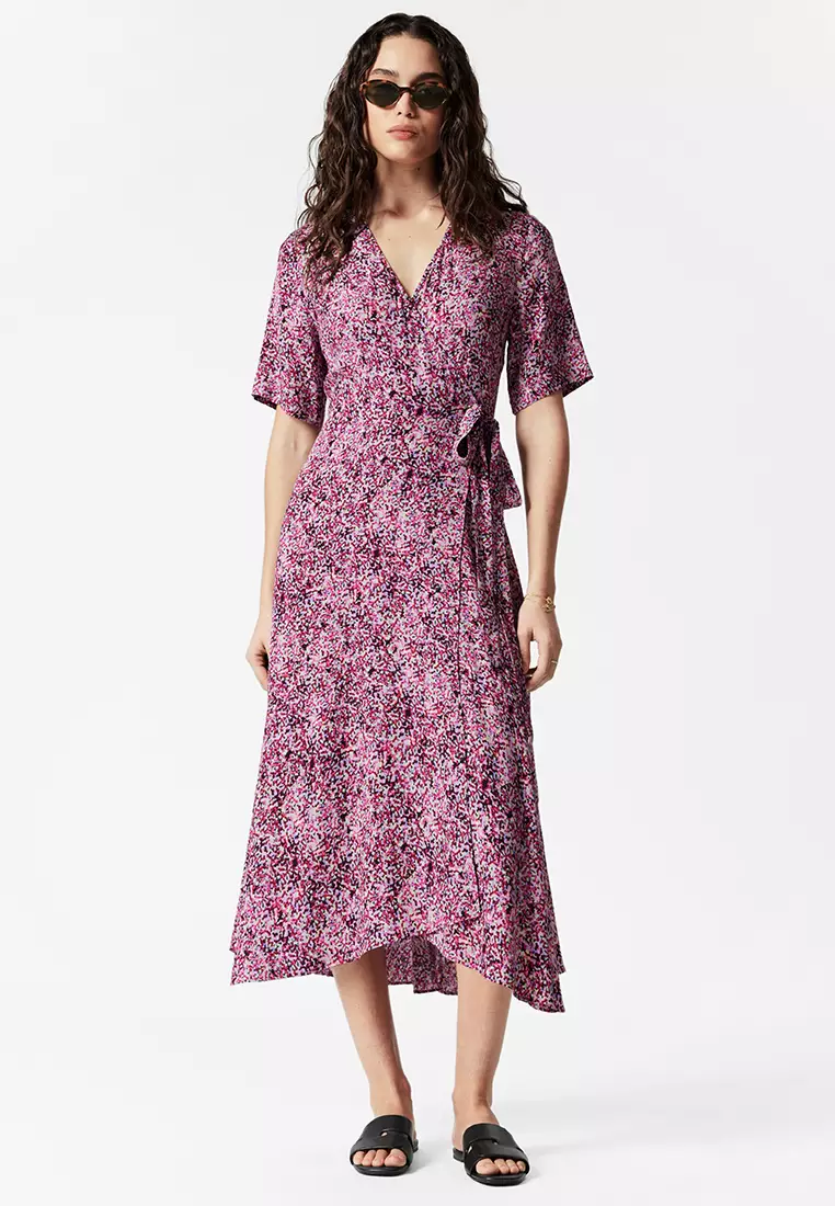 princess polly baby blue dress Gini London Beige Geo Print Assymetric Hem Wrap Midi Dress main image 1