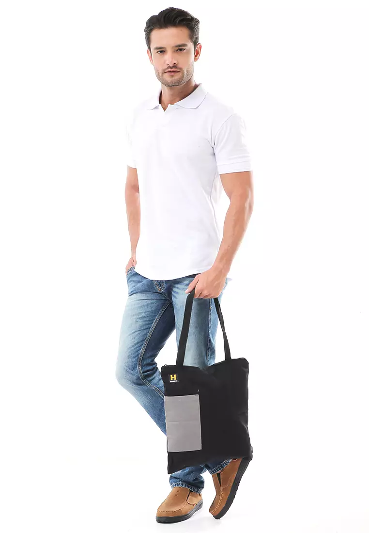 Hamilton Totebag Unisex Kombinasi Warna Large Compartment Material Canvas ORIGINAL - Black