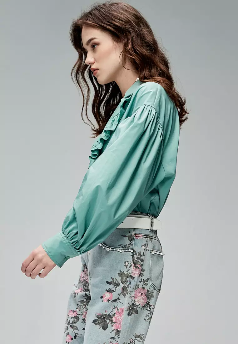 Drop Shoulder Seam Oversize Green Top With Lace Collar