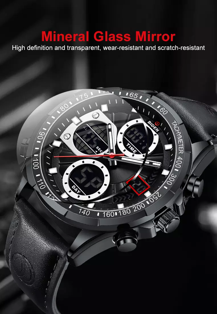 Jam Tangan Pria Original Multifungsi Analog&Digital Tali Kulit Olahraga Anti Air Jam Tangan Cowok allblack