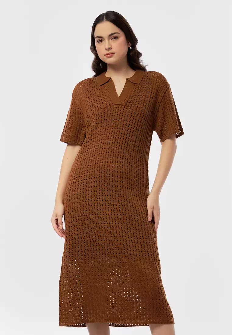V-Neck Short Sleeve Midi Dress BROWN